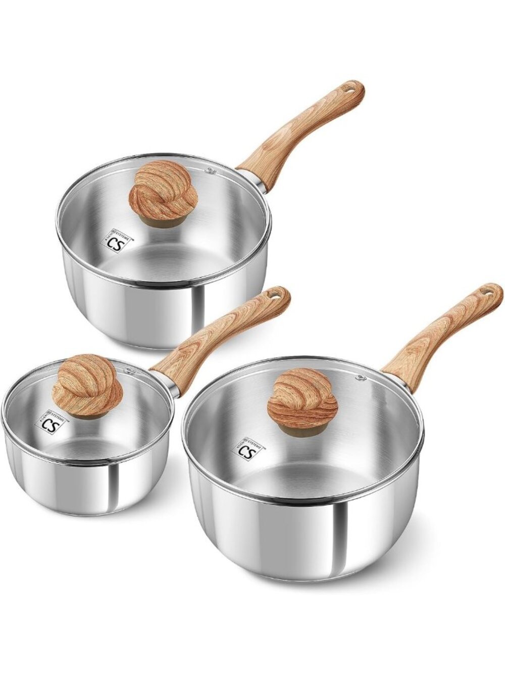 Stainless Steel Saucepan Set 1QT 2QT 3QT - Induction Compatible, Glass Lid, Stay